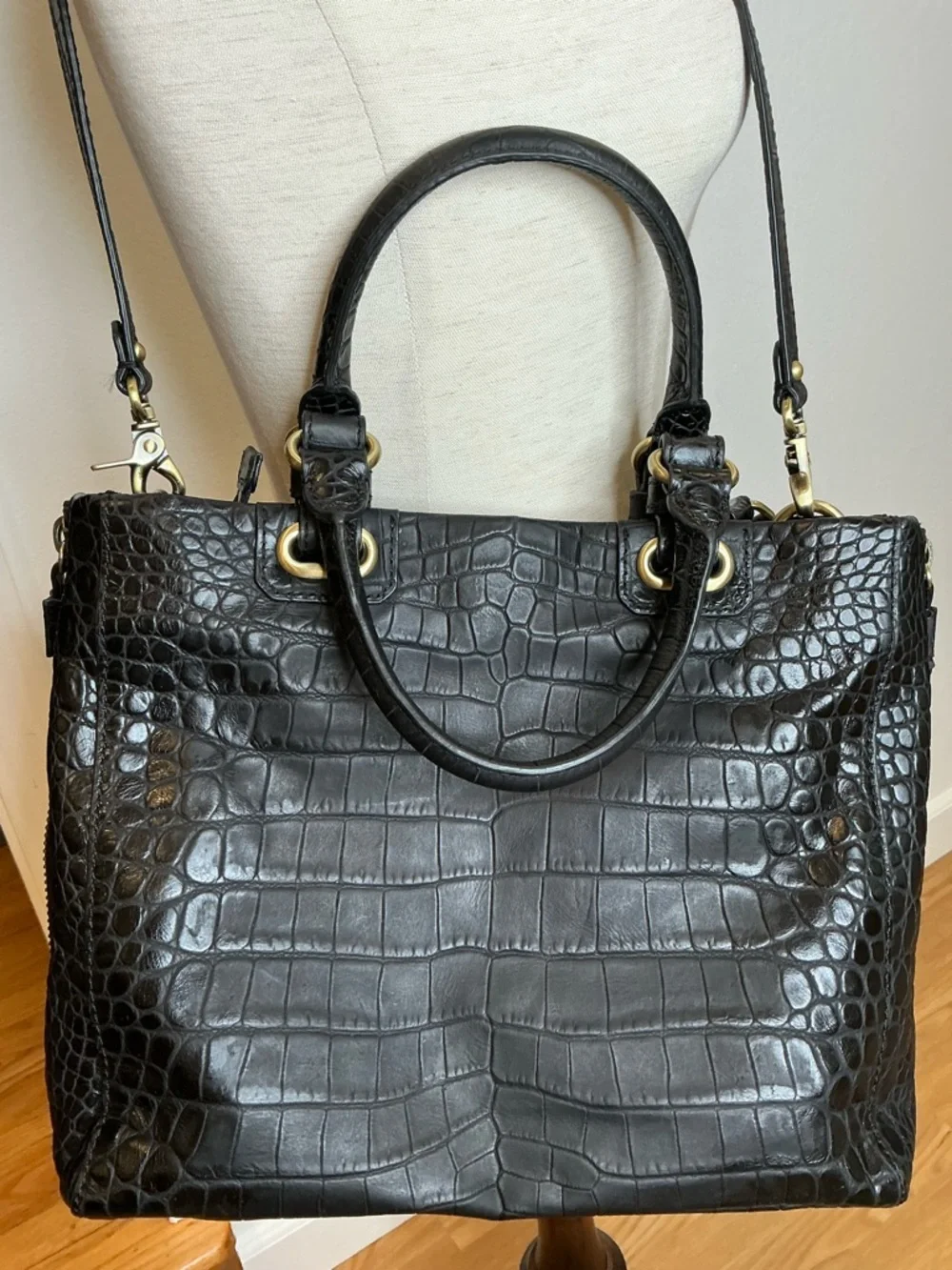Rafe New York Black Croc-Embossed Leather Tote with Gold Hardware